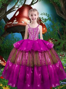 Fuchsia Straps Neckline Beading and Ruffled Layers Pageant Dress for Womens Sleeveless Lace Up