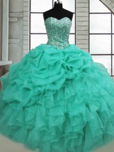 Sleeveless Organza Floor Length Lace Up Sweet 16 Quinceanera Dress in Turquoise with Beading and Ruffles and Pick Ups