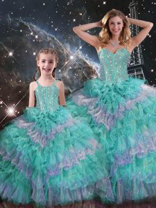 Simple Organza Sleeveless Floor Length Quinceanera Gown and Beading and Ruffled Layers and Sequins