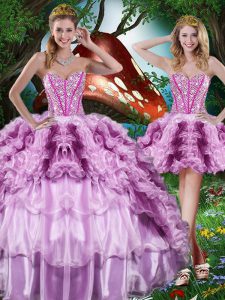 Multi-color Ball Gowns Sweetheart Sleeveless Organza Floor Length Lace Up Beading and Ruffles and Ruffled Layers Quinceanera Gown