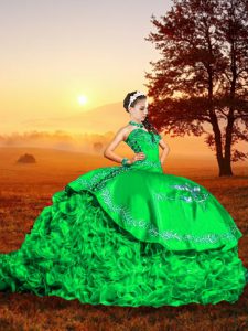 Sleeveless Embroidery and Ruffles Lace Up Sweet 16 Dress with Green Brush Train