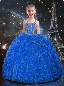 Beautiful Sleeveless Floor Length Beading and Ruffles Lace Up Pageant Dress for Teens with Blue