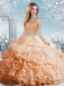 Floor Length Ball Gowns Sleeveless Peach Vestidos de Quinceanera Clasp Handle