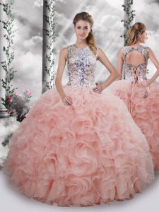 Edgy Baby Pink Organza Lace Up 15th Birthday Dress Sleeveless Floor Length Beading and Ruffles