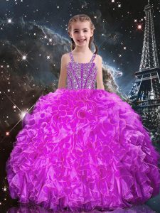 New Style Beading and Ruffles Girls Pageant Dresses Fuchsia Lace Up Sleeveless Floor Length