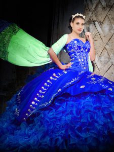 Romantic Royal Blue Sleeveless Organza Brush Train Lace Up Quinceanera Gowns for Military Ball and Sweet 16 and Quinceanera