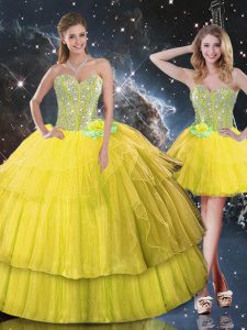 Glittering Sleeveless Floor Length Ruffled Layers and Sequins Lace Up Sweet 16 Dresses with Gold