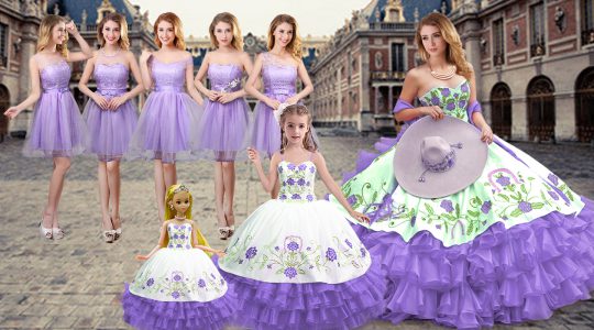 Embroidery and Ruffled Layers Sweet 16 Dress Lavender Lace Up Sleeveless Floor Length