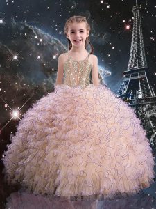 Eye-catching Pink Sleeveless Floor Length Beading and Ruffles Lace Up Girls Pageant Dresses