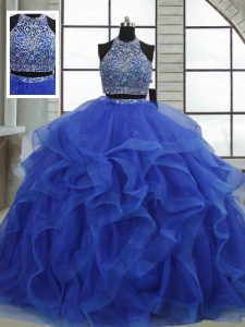 Pretty Royal Blue Sleeveless Beading and Ruffles Floor Length Ball Gown Prom Dress
