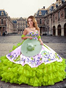 Yellow Green Ball Gowns Embroidery and Ruffled Layers Quinceanera Dress Lace Up Organza Sleeveless Floor Length