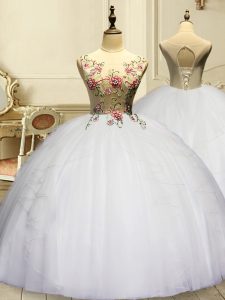Sexy White Sleeveless Organza Lace Up Quinceanera Gown for Military Ball and Sweet 16 and Quinceanera