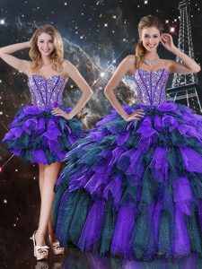 Ideal Multi-color Ball Gowns Organza Sweetheart Sleeveless Beading and Ruffles and Ruffled Layers Floor Length Lace Up Sweet 16 Dress