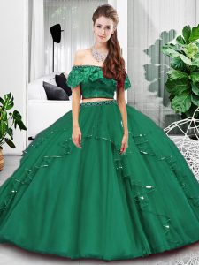 Artistic Dark Green Two Pieces Tulle Off The Shoulder Sleeveless Lace and Ruffles Floor Length Lace Up 15 Quinceanera Dress