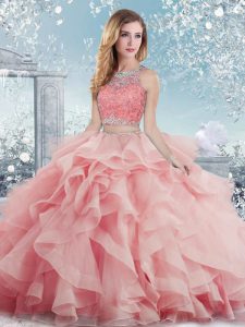 Glorious Baby Pink Ball Gowns Scoop Sleeveless Satin Floor Length Clasp Handle Beading and Ruffles 15 Quinceanera Dress