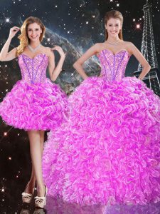 Sweetheart Sleeveless Quinceanera Dress Floor Length Beading and Ruffles Fuchsia Organza