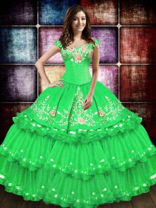 Green Sweet 16 Dresses Military Ball and Sweet 16 and Quinceanera with Embroidery and Ruffled Layers Off The Shoulder Sleeveless Lace Up