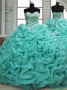 Turquoise Organza Lace Up 15th Birthday Dress Sleeveless Brush Train Beading and Pick Ups
