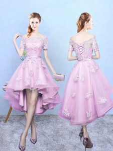Off The Shoulder Short Sleeves Vestidos de Damas High Low Lace Rose Pink Tulle