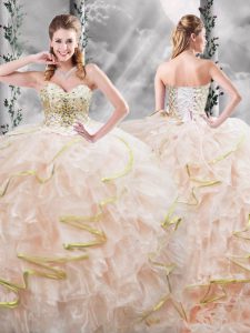 Sumptuous Peach Lace Up Sweetheart Beading and Ruffles Quince Ball Gowns Organza Sleeveless Brush Train