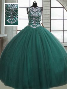 Tulle Scoop Sleeveless Lace Up Beading Quinceanera Dresses in Dark Green