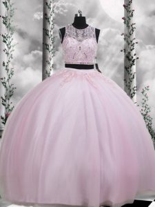 Unique Baby Pink Two Pieces Scoop Sleeveless Tulle Floor Length Zipper Beading and Appliques Quince Ball Gowns