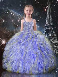 Popular Lavender Organza Lace Up Straps Sleeveless Floor Length Kids Pageant Dress Beading and Ruffles