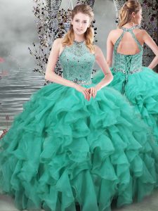 Modern Turquoise Quinceanera Dresses Military Ball and Sweet 16 and Quinceanera with Beading and Ruffles Scoop Sleeveless Brush Train Lace Up