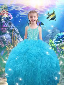 Excellent Beading and Ruffles Little Girls Pageant Dress Aqua Blue Lace Up Sleeveless Floor Length