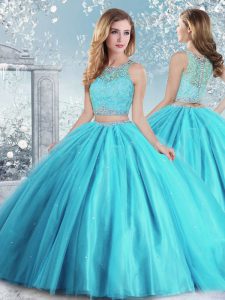 Aqua Blue Ball Gowns Beading and Sequins Sweet 16 Dresses Clasp Handle Tulle Sleeveless Floor Length
