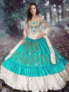 Extravagant Elastic Woven Satin Sleeveless Floor Length Quinceanera Gowns and Embroidery and Ruffled Layers