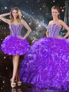 Best Selling Eggplant Purple Ball Gowns Sweetheart Sleeveless Organza Floor Length Lace Up Beading and Ruffles Quinceanera Dress