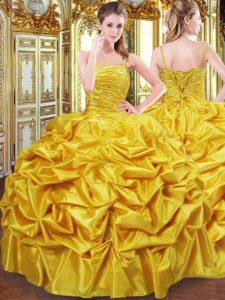 Affordable Gold Lace Up 15 Quinceanera Dress Beading and Pick Ups Sleeveless Floor Length