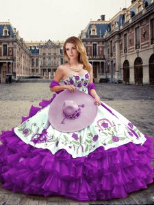 Embroidery and Ruffled Layers Vestidos de Quinceanera Eggplant Purple Lace Up Sleeveless Floor Length