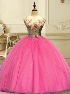 Glamorous Appliques Sweet 16 Quinceanera Dress Rose Pink Lace Up Sleeveless Floor Length