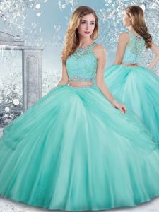 Free and Easy Aqua Blue Ball Gowns Tulle Scoop Sleeveless Beading and Lace Floor Length Clasp Handle Ball Gown Prom Dress