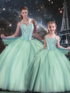 Floor Length Lace Up Quince Ball Gowns Turquoise for Military Ball and Sweet 16 and Quinceanera with Beading