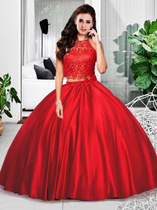 Modest Floor Length Wine Red Quinceanera Gown Taffeta Sleeveless Lace and Ruching