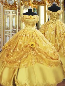 Sweet Gold Ball Gowns Tulle Strapless Sleeveless Beading and Appliques and Hand Made Flower Floor Length Lace Up 15 Quinceanera Dress