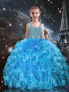 Straps Sleeveless Organza Child Pageant Dress Beading and Ruffles Lace Up