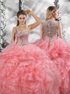 Excellent Beading and Ruffles Quinceanera Gown Watermelon Red Zipper Sleeveless Floor Length
