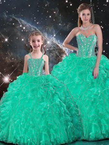 Sumptuous Beading and Ruffles 15th Birthday Dress Turquoise Lace Up Sleeveless Floor Length