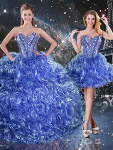 Blue Sweetheart Lace Up Beading and Ruffles Sweet 16 Quinceanera Dress Sleeveless