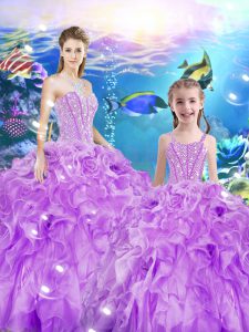 Extravagant Lilac Ball Gowns Beading and Ruffles Quinceanera Gown Lace Up Organza Sleeveless Floor Length