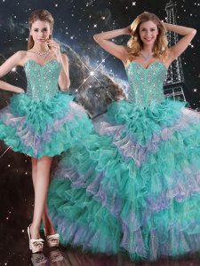 Eye-catching Sleeveless Floor Length Beading and Ruffled Layers Lace Up 15 Quinceanera Dress with Multi-color