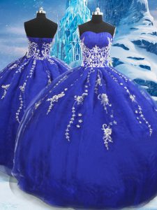 Blue Ball Gowns Appliques Sweet 16 Dress Lace Up Organza Sleeveless Floor Length