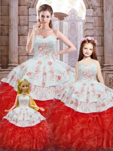 Colorful White And Red Ball Gowns Organza Sweetheart Sleeveless Beading and Appliques and Ruffles Floor Length Lace Up Ball Gown Prom Dress
