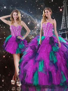 Extravagant Three Pieces Quince Ball Gowns Multi-color Sweetheart Tulle Sleeveless Floor Length Lace Up