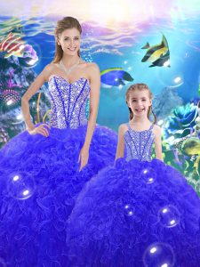 Organza Sweetheart Sleeveless Lace Up Beading and Ruffles Sweet 16 Dresses in Royal Blue
