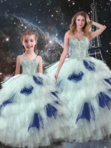Cheap Blue And White Sweetheart Lace Up Beading and Ruffled Layers Sweet 16 Dresses Sleeveless